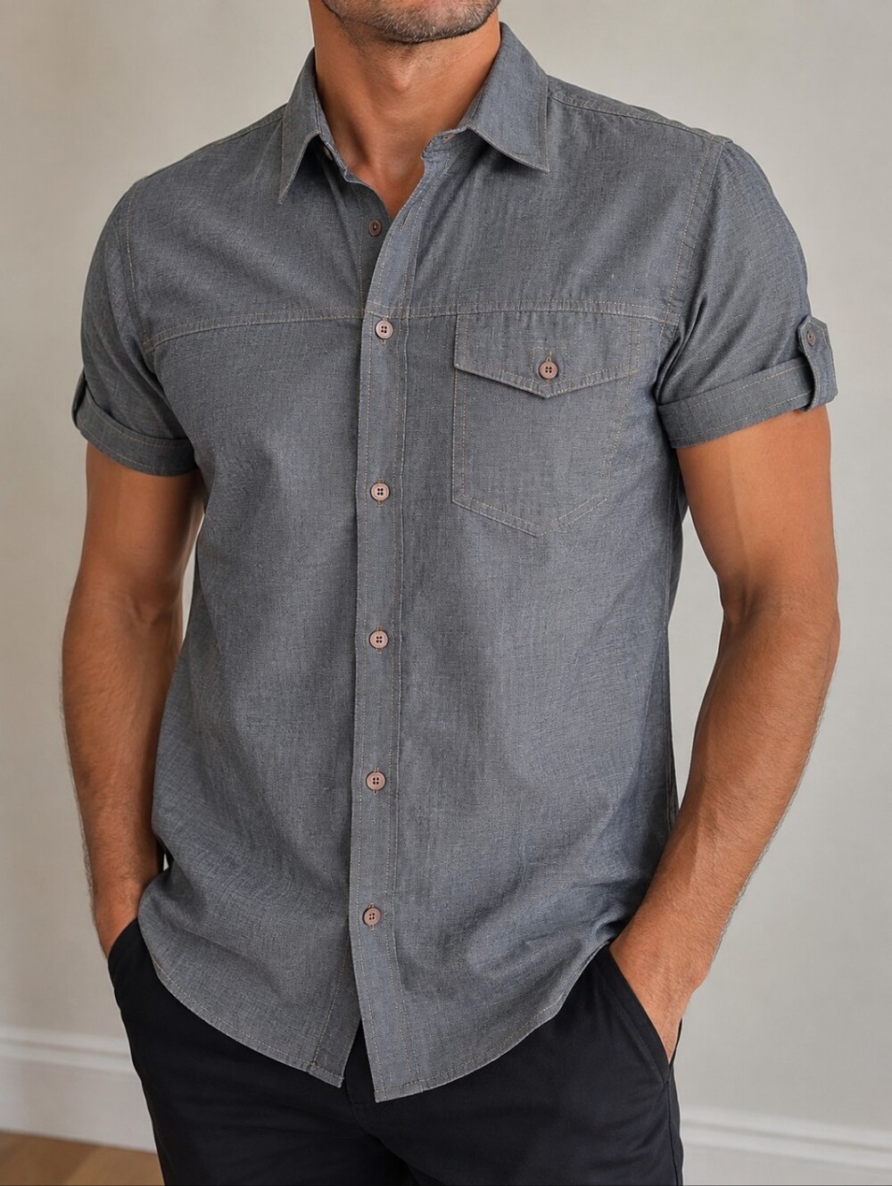 CPT by Cockpit USA Men’s Gray Short Sleeve Button-Up Shirt Size Large